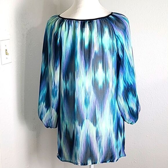 Zac & Rachel Watercolor Shades of Blues & Purple Blouse, Black Trim, Sz Medium - Picture 6 of 8